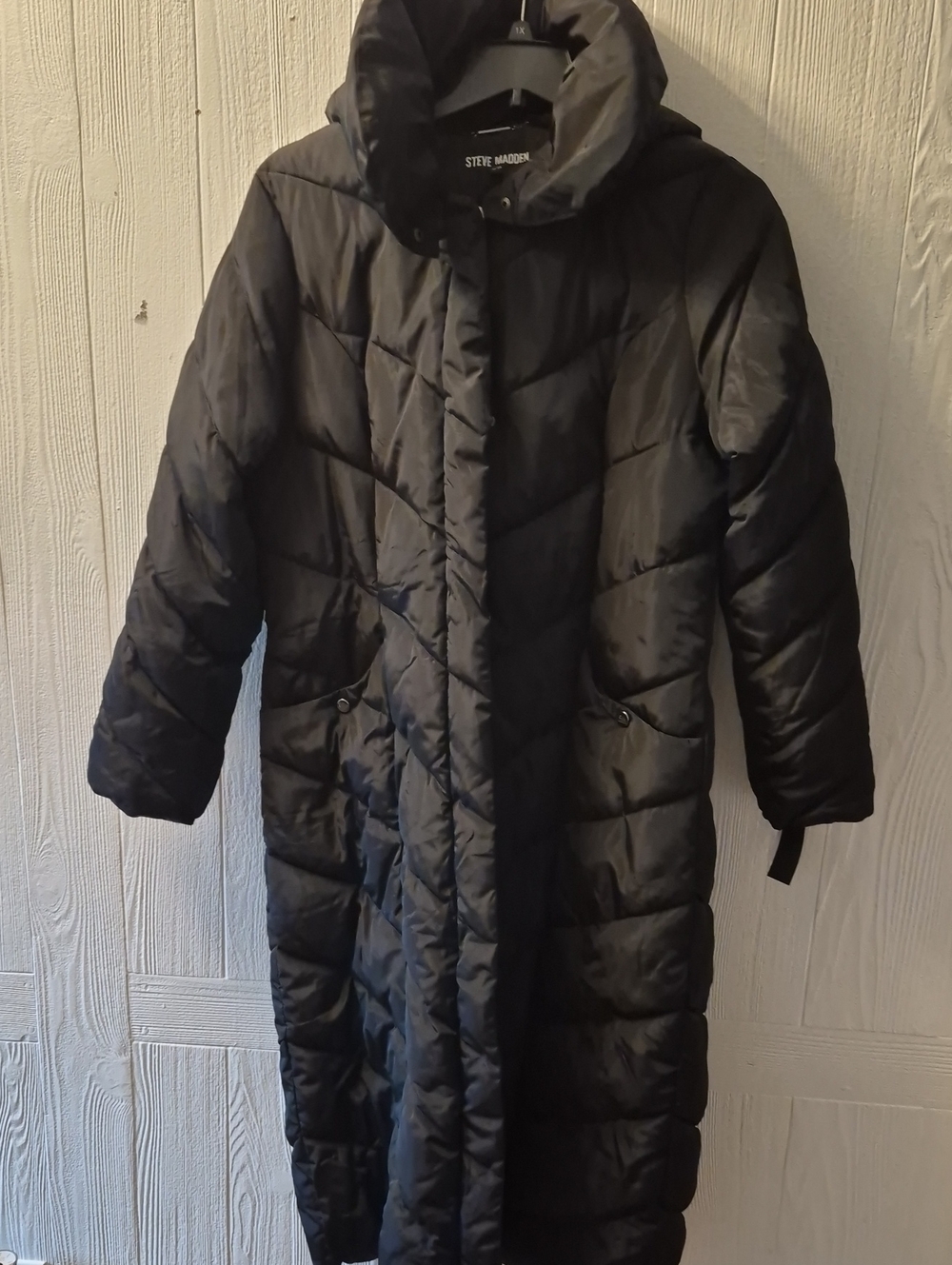 Steve Madden Womens Black Long Hooded Puffer Coat